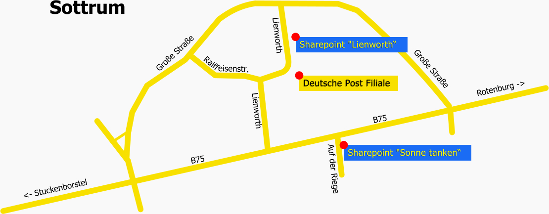 Rotenburg -> Sottrum Sharepoint "Sonne tanken“ B75 Deutsche Post Filiale Sharepoint "Lienworth“ <- Stuckenborstel  Auf der Riege Lienworth Lienworth Große Straße Große Straße     Raiff  eisenstr. B75